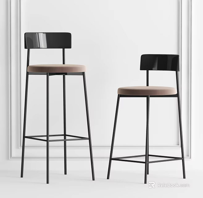 Modern Bar Stools With Black Metal Frame And Beige Cushioned Seat For Kitchen Island 3d model 