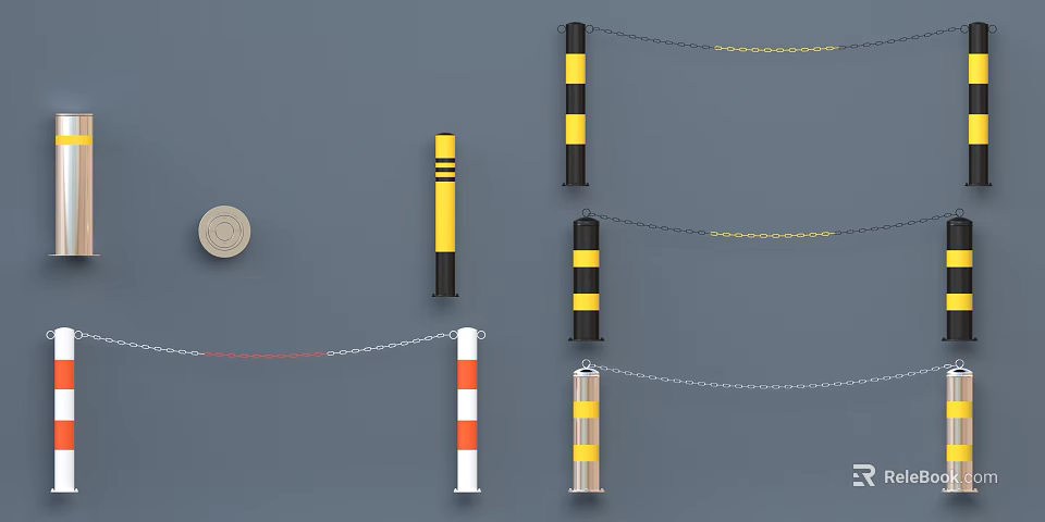 Road Safety Bollards With Yellow Black Red White Stripes And Chain Links 3d model 