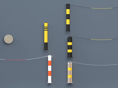 Road Safety Bollards With Yellow Black Red White Stripes And Chain Links 3d model