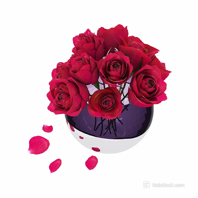 Beautiful Red Roses Arranged in Purple Vase with White Base and Scattered Petals 3d model 
