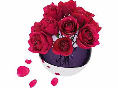 Beautiful Red Roses Arranged in Purple Vase with White Base and Scattered Petals 3d model