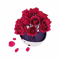 Beautiful Red Roses Arranged in Purple Vase with White Base and Scattered Petals