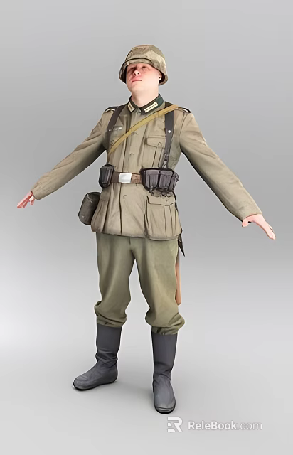 Man in green military uniform with pockets belt and bag arms outstretched 3d model 