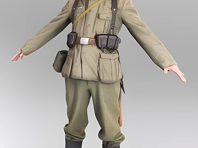 Man in green military uniform with pockets belt and bag arms outstretched 3d model