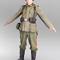 Man in green military uniform with pockets belt and bag arms outstretched