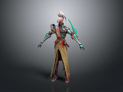 Futuristic Biomechanical Character With Silver Armor Green Red Accents And Long Tunic 3d model