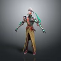 Futuristic Biomechanical Character With Silver Armor Green Red Accents And Long Tunic