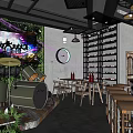 Stylish Bar Interior With Bricked Wall Wine Racks Black Grid Ceiling And Pendant Lights