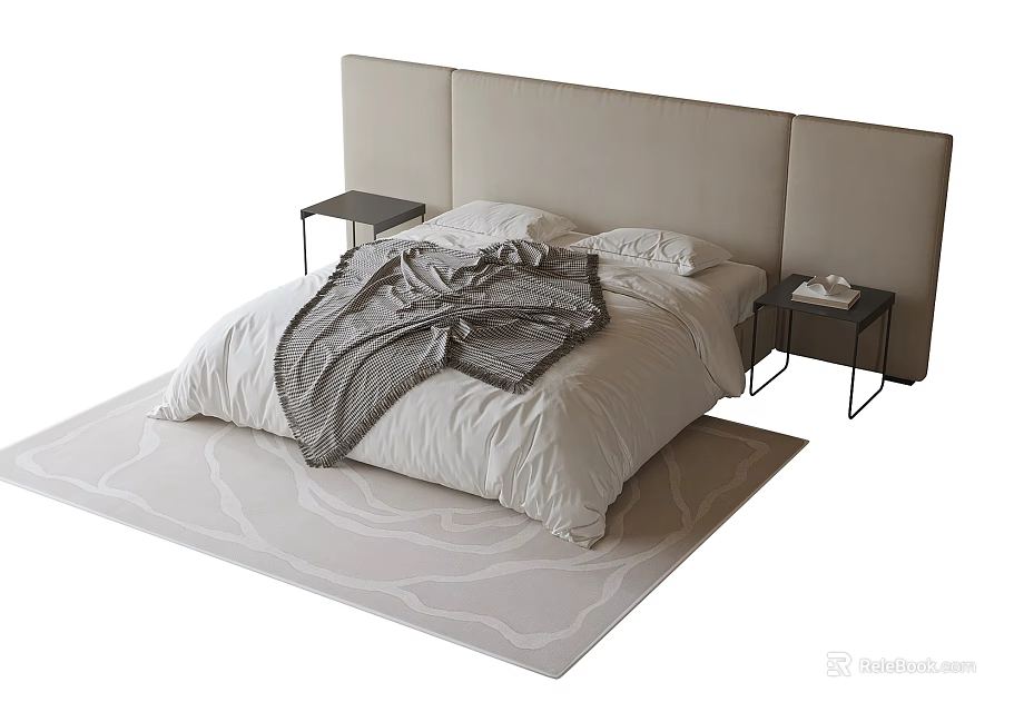 Modern Double Bed with Upholstered Headboard and Side Nightstands on Area Rug 3d model 