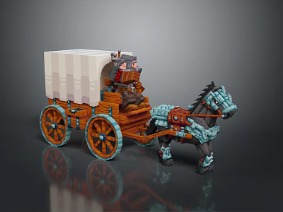 Stylized Wooden Cart With Canvas Cover Detailed Wheels Pulled By Decorated Horse And Driver 3d model