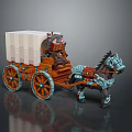Stylized Wooden Cart With Canvas Cover Detailed Wheels Pulled By Decorated Horse And Driver