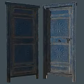 Pair of Vintage Blue Wooden Doors with Carved Patterns and Distressed Finish