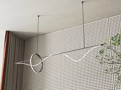 Modern Linear Pendant Light With Circular Ring Design Above Perforated Wall And Green Plant 3d model