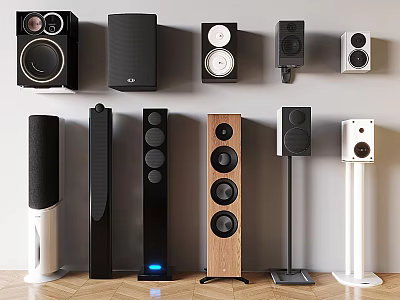 Different Styles of Home Audio Speakers Including Floor Standing and Wall Mounted Designs 3d model