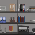 Organized Office Supplies on Shelves with Binders Books and Printers