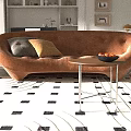 Modern Curved Brown Sofa And Round Coffee Table Set With Decorative Pillows Plants And Books