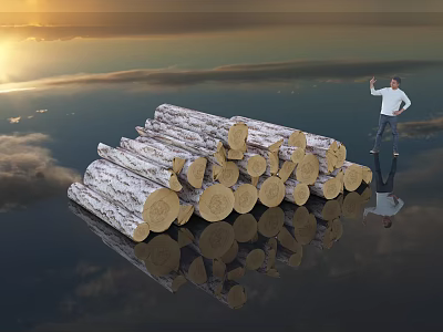 Natural Stone And Wood Logs With Man At Sunset Cloudy Sky Reflection Scene 3d model