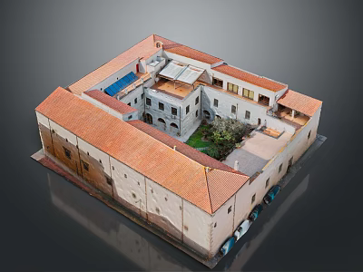 Courtyard Building Architectural Model With Red Tiled Roof White Walls And Central Greenery 3d model