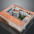 Courtyard Building Architectural Model With Red Tiled Roof White Walls And Central Greenery