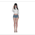 Woman Wearing White Top Denim Shorts And High Heels Three Quarter Front Side Back Views