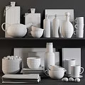 Stylish White Kitchenware Collection with Teapot Bowls Plates Olive Oil Bottle and Cookbook