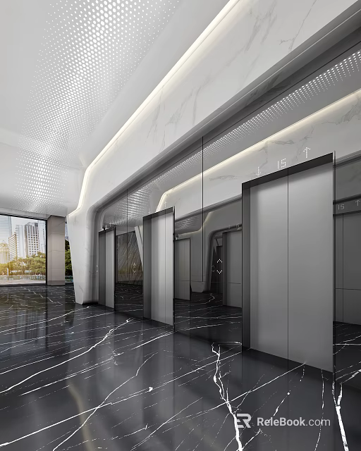 Modern Elevator Lobby Interior With Marble Flooring Glass Walls And Ceiling Lights 3d model