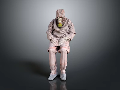 The Man Sitting In Full Protective Suit With Yellow Gas Mask 3d model
