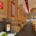 Warm Ambiance Japanese Restaurant Interior With Wooden Tables Chairs Orange Cushions Bar Counter Decorative Paintings