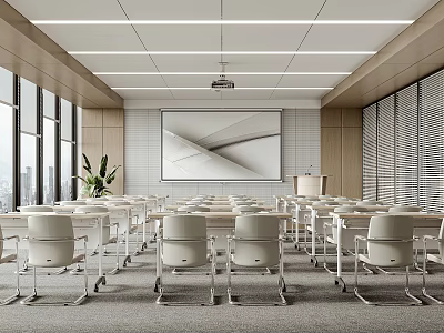 Modern Conference Room Interior With White Tables Chairs Large Screen Podium And City View 3d model