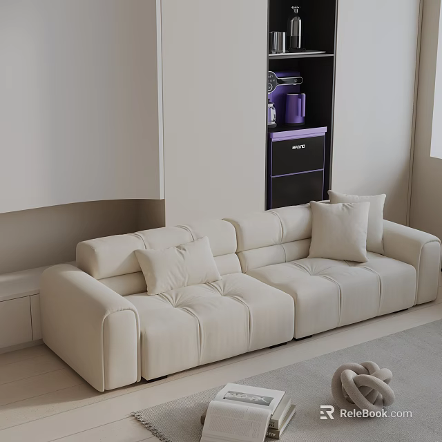 Modern Beige Three Seater Sofa With Plush Pillows And Purple Black Cabinet In Living Room 3d model 