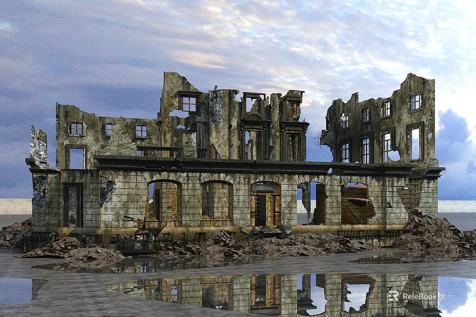 Ruined Architectural Components Featuring Damaged Walls Broken Windows And Water Reflection 3d model 