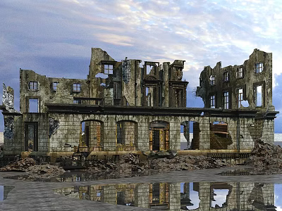 Ruined Architectural Components Featuring Damaged Walls Broken Windows And Water Reflection 3d model