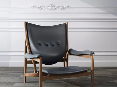 Modern Gray Leather Accent Chair With Wooden Frame And White Paneled Wall Design 3d model