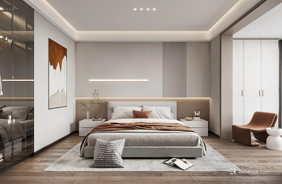 Modern Bedroom Interior Design With Comfortable Bed Pillows Artwork Wooden Floor Rug And Recessed Lighting 3d model 