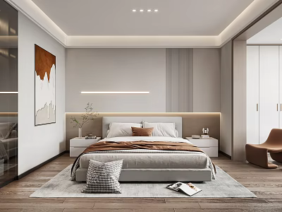 Modern Bedroom Interior Design With Comfortable Bed Pillows Artwork Wooden Floor Rug And Recessed Lighting 3d model