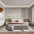 Modern Bedroom Interior Design With Comfortable Bed Pillows Artwork Wooden Floor Rug And Recessed Lighting