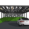 Black Metal Carport Structure Covering White Car On Grass And Paved Ground