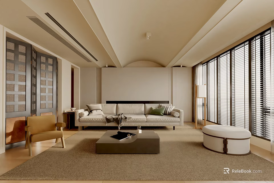 Contemporary Living Room Interior With Sofa Coffee Table Area Rug And Floor To Ceiling Windows 3d model 