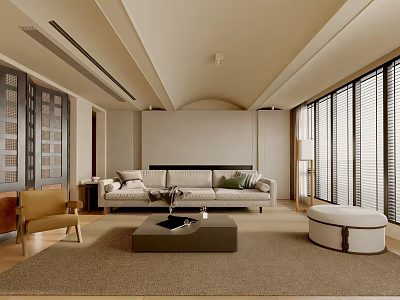 Contemporary Living Room Interior With Sofa Coffee Table Area Rug And Floor To Ceiling Windows 3d model