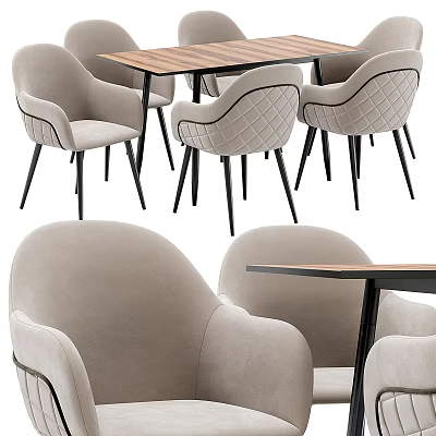 Modern Table and Chairs with Light Gray Quilted Velvet Chairs Wooden Tabletop and Black Legs 3d model