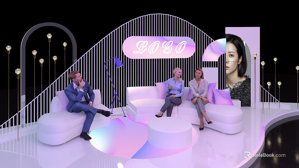 Modern Photo Check in Spot With Curved Structure Logo Sign White Sofas And Purple Lighting 3d model 