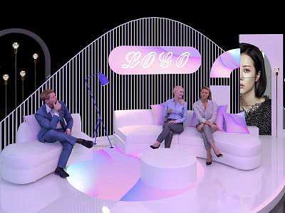 Modern Photo Check in Spot With Curved Structure Logo Sign White Sofas And Purple Lighting 3d model
