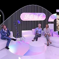 Modern Photo Check in Spot With Curved Structure Logo Sign White Sofas And Purple Lighting