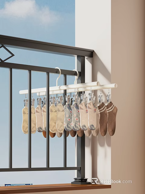White Hanging Shelf With Clips For Socks Organizer Near Window Rail 3d model 