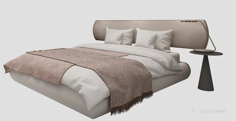 Modern Double Bed With Curved Headboard White Sheets And Brown Woven Blanket 3d model