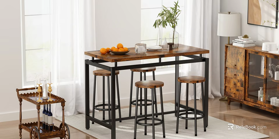 Cozy Restaurant Interior With Wooden Dining Table Bar Stools Oranges Vase Green Plant And White Curtains 3d model 