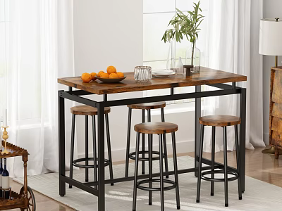 Cozy Restaurant Interior With Wooden Dining Table Bar Stools Oranges Vase Green Plant And White Curtains 3d model