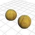 Two fresh ripe yellow cantaloupe melons with netted rind and green stems