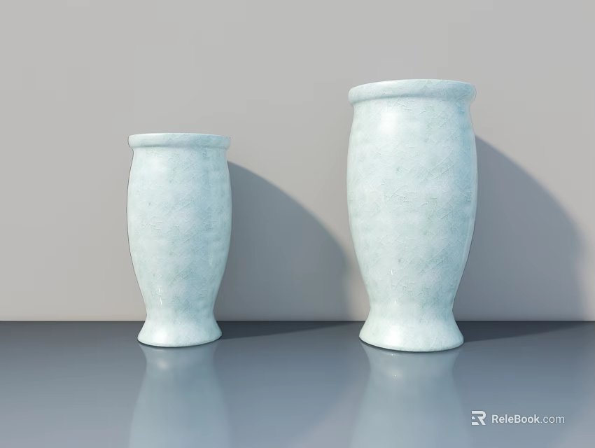 Two Light Blue Textured Vases In Modern Minimalist Style With Gray Background And Surface 3d model 