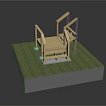 Wooden Platform With Steps And Railings On Green Grass Base